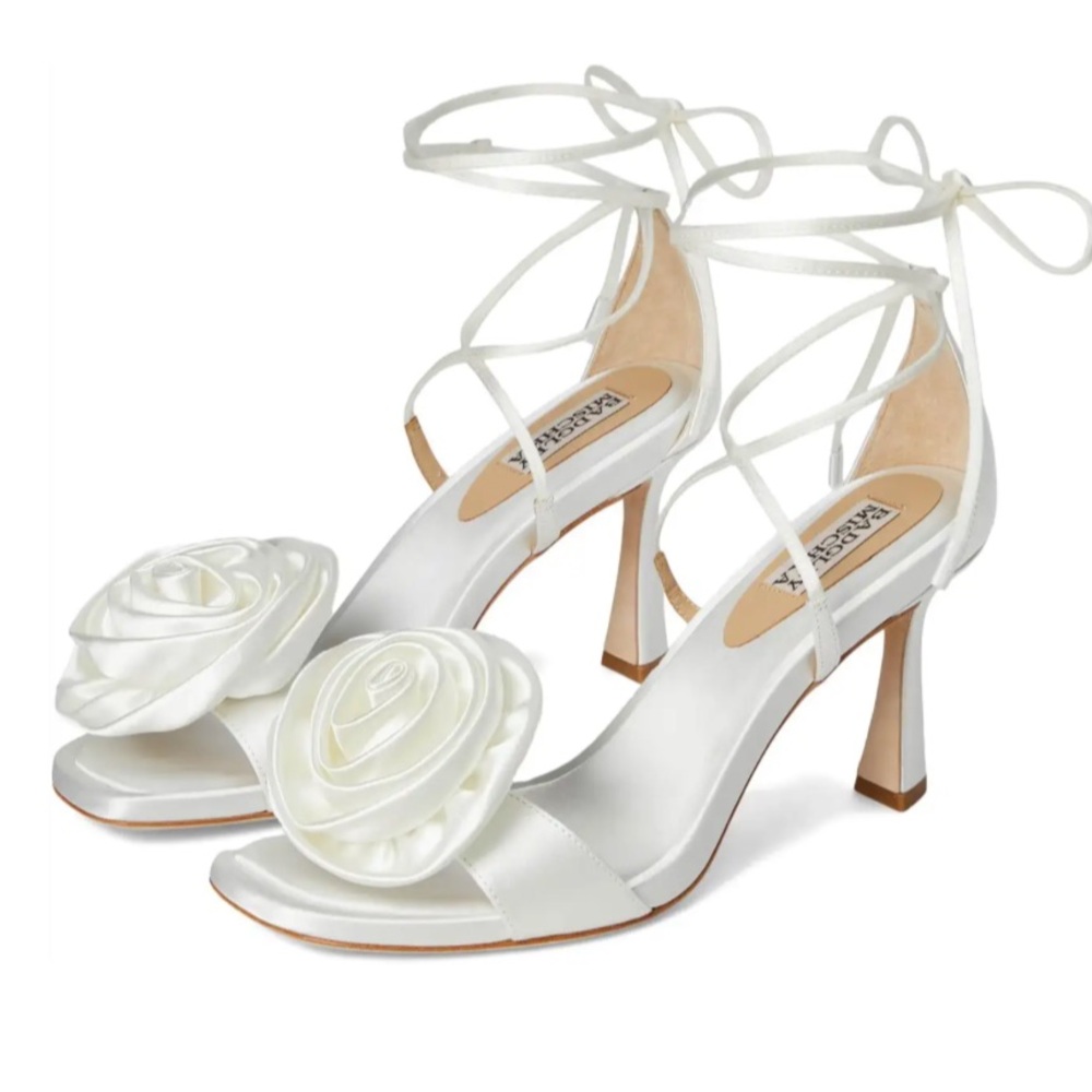 Badgley Mischka White Strappy Heels with Floral Detail